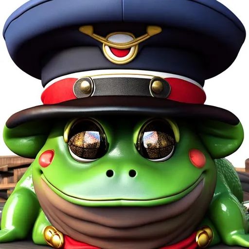 Prompt: a frog head with a capitan hat