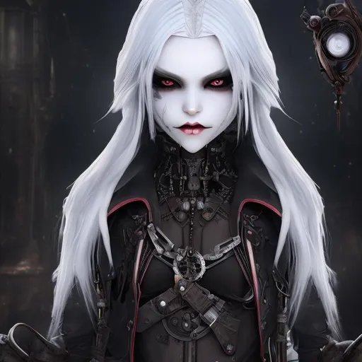 Prompt: Humanoid vampire girl with covering steampunk cloth her entire cloth body and face. White hair. Symmetric eye. Photorealistic.