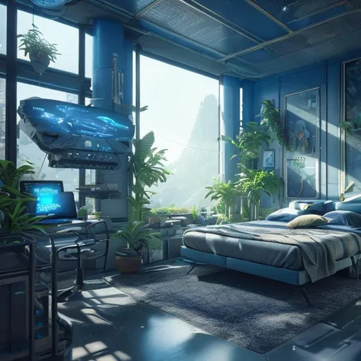 Prompt: futuristic large bedroom, cluttered, cozy, solarpunk, tropical island, blue grey, digital wall screen, thick carpeting, biologist, luxury, interior, realistic details, photorealistic, 8k render, cinematic lighting, ultra detailed