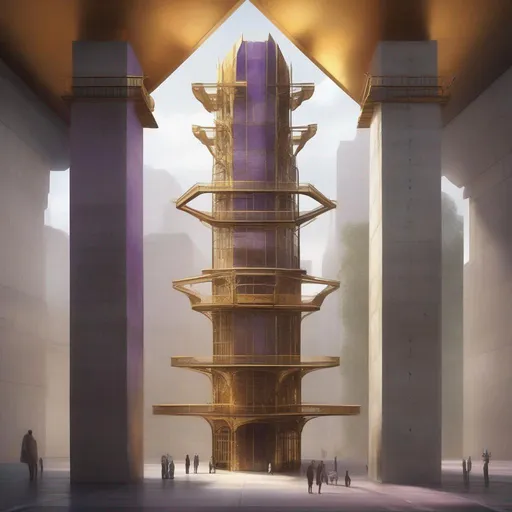 Prompt: A tall tower made of concrete with floors of iron, gold, copper, iron, and amethyst