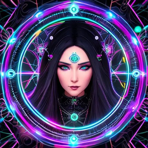 Prompt: beautiful lady wearing black robe with neon trimmed in front, gateway gold opening a portal, Neurocybernetics, Cell Noise, Spirograph, Elfpunk, Fractal, Witcher, close up shot portrait, bokeh lens, Havok Project Anarchy, looking through portal, 4k