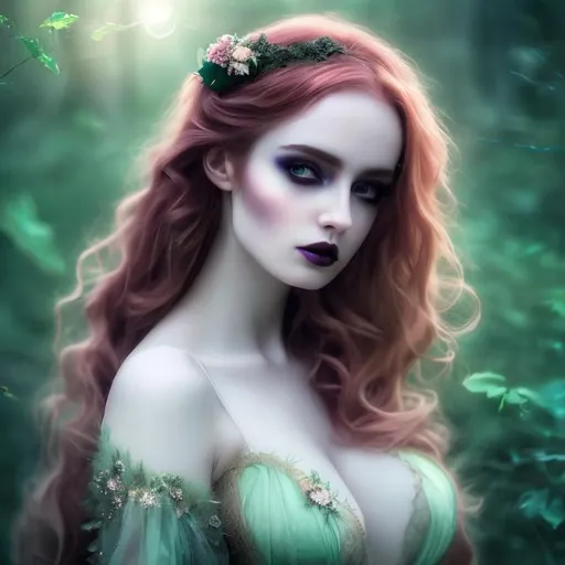 Prompt: HD 4K 3D Stunning, magic, cinematic potrait of gothic fairy, ethereal green wings,  long, curly redhead hair, lovely, romantic, tender, purple light, sunstrails, perfect female beauty, intricate, pale traslucent skin, magic, rich black dress, ethereal, goldn ratio, look in camera, gorgeous body, gorgeous eyes