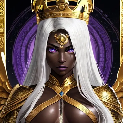 Prompt: Androgynous female, muscular jawline, angelic face, beautiful black woman, immense detail, full body image, Golden armor, UHD, 64K, high resolution, intense deep Black skin, black face, African American features, long pale intense White hair, flowing long blond hair, Valeryon, purple eyes, water background, amazing crown on head, deep blue sky, clouds in sky, detailed images, clear sharp resolution 