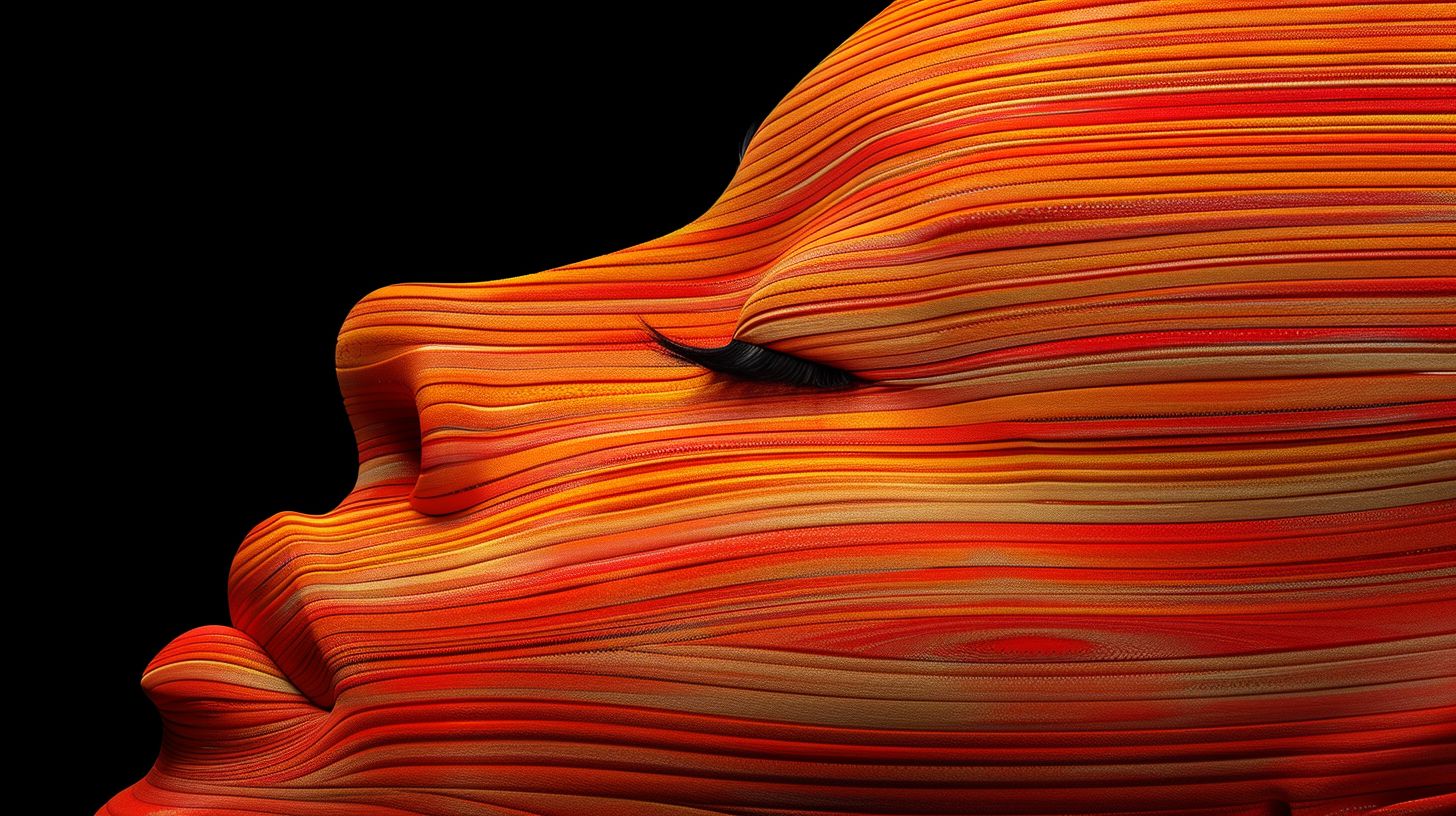 Prompt: 3d digital artwork of a woman's head, incorporating bold swirling colors and intense split toning. The style is an imaginative hyper-realistic acrylic painting, with exaggerated flowing lines and surreal character details. The mindscapes are now vibrant and fantastical, creating a dream-like environment, finished with a matte texture.