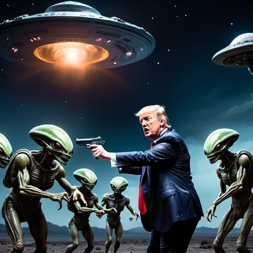 Prompt: Donald Trump fights against the Aliens outside a Spaceship at night