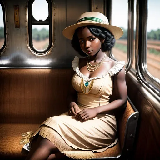 Prompt: old time photo of young African girl, dressed with 1920s hair, dressed like flapper, sitting on train, raw photo, photorealistic, High Detail, dramatic, UHD, HDR raw photo, realistic, sharp focus, 8K high definition, insanely detailed, intricate, high quality, 