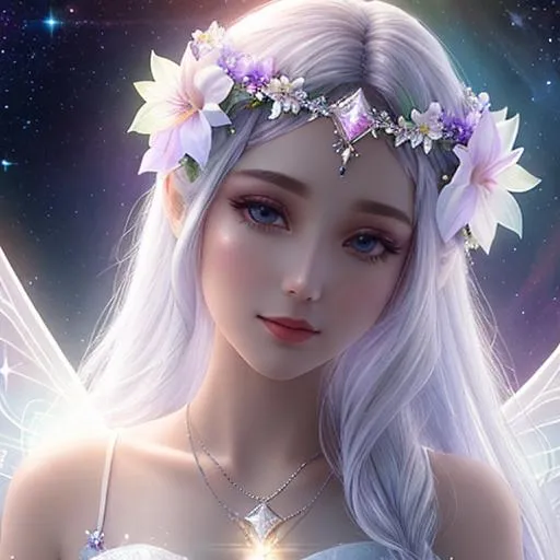 Prompt: White prism, cosmic,etherial, fairy, goddess of light ,flowers in hair, closeup
