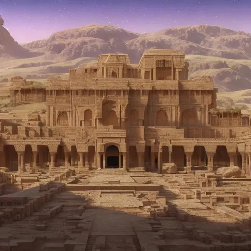 Prompt: Assyrian Khorsabad palace, 721–705 BC, widescreen, infinity vanishing point, galaxy background, surprise easter egg