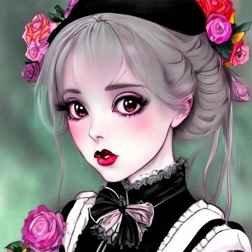 Prompt: anime Victorian era woman dressed in black. Big lips. Bright colors