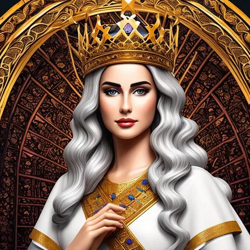 Prompt: queen of the bible with crown and flowing on artistic spatial background