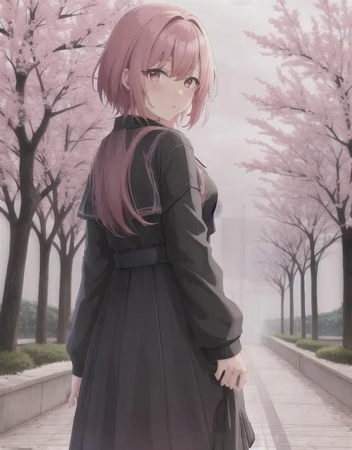 Prompt: Dark Future, raining,sakura tree background Anime girl