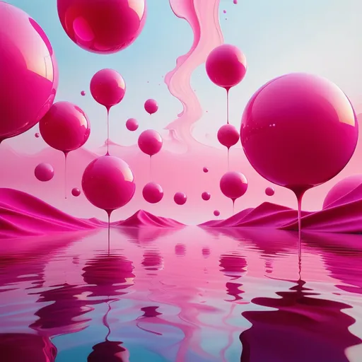 Prompt: A mesmerizing masterpiece, drenched in a magenta palette that seamlessly blends various shades. The surreal scene is brought to life with floating pink spheres and abstract shapes, creating an enchanting dream-like atmosphere.  The painting's depth and movement are evident as the eye travels through the blending shades of pink, immersing the viewer in a surreal world of ethereal beauty.