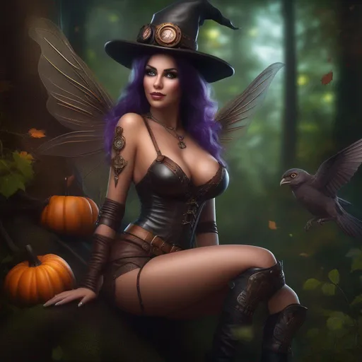 Prompt: Wide angle. Whole body showing. Hyper realistic, Detailed Illustration. Photo realistic. A beautiful, buxom woman with broad hips. extremely colorful, bright eyes,  standing in a forest by a sleepy town. Shes a Steam Punk style witch, a Winged fairy, with a skimpy, very sheer, gossamer, flowing outfit. On a colorful, Halloween night. 