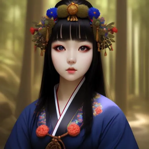 Korean girl, face, blue eyes, black hair, painted fa... | OpenArt