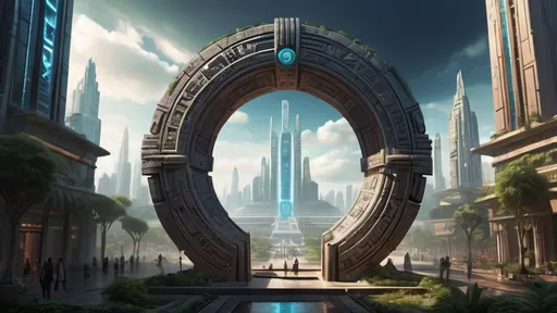 Prompt: magical portal between cities realms worlds kingdoms, circular portal, ring standing on edge, upright ring, freestanding ring, hieroglyphs on ring, complete ring, ancient aztec architecture, gardens, hotels, office buildings, shopping malls, large wide-open city plaza, panoramic view, futuristic cyberpunk tech-noir setting