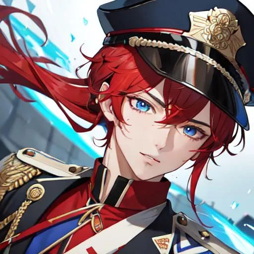 Prompt: Zerif 1male as a male police officer (Red side-swept hair covering his right eye)UHD, 8K, Highly detailed, insane detail, best quality, high quality, wearing a blue male police uniform, anime style, tilting his hat, holding Haley's hand