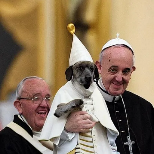 Prompt: the pope has a dog on his head