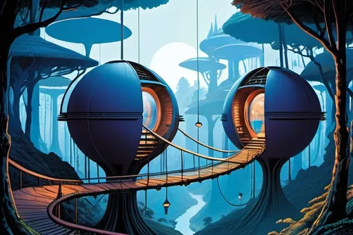 Prompt: An alien settlement of spherical houses suspended in blue forest canopy, with rickety bridges between them, with mysterious lights  in houses, psychedelic imagery, in style of Moebius