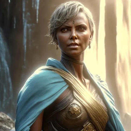 Prompt: artwork of short hair dark skinned female played by Charlize theron, ice in left fist, glow eyes, fantasy, Full body in blue chesty monk robe, artstation, 8k, highly detailed, standing in waterfall, 