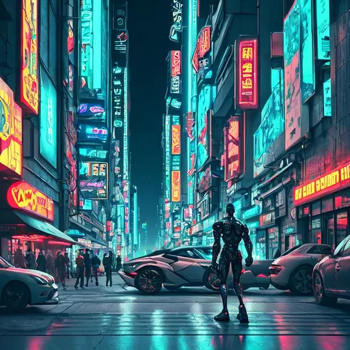 Prompt: Cyborg man walking down sidewalk, Cyberpunk style city, Neo-expressionist architecture, futuristic cars on street, neon signs on some buildings, crowd in background