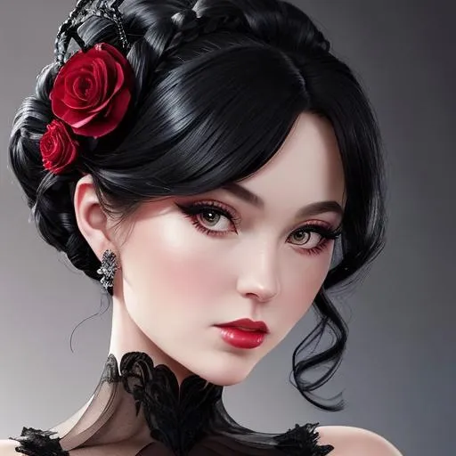 Prompt: Beautiful woman portrait wearing a black evening gown,  black hair, dark eyes, ruby jewelry,elaborate updo hairstyle adorned with flowers, facial closeup