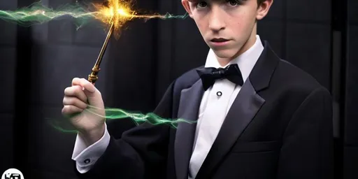 Prompt: 13 year old boy in a tuxedo casting a crazy magic spell from the outside of a bathroom stall with his magic wand, but the spell he cast happens on the inside of the bathroom stall because he cast the spell on the person inside who is warring a T shirt 
