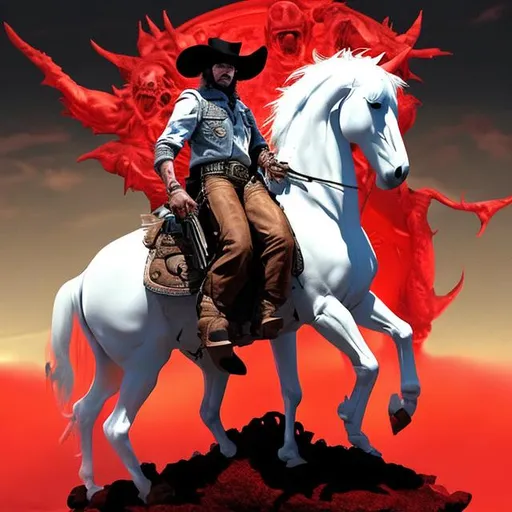 Prompt: A lone cowboy sits atop his white stallion holding a revolver in either hand. Ahead of him is Hell itself with its hordes of demons and beyond that is Lucifer himself atop his red throne. the back of him can be seen as he rides ahead to face the enemy.