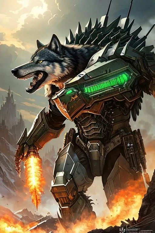 Prompt: Poster art, high-quality high-detail highly-detailed breathtaking hero ((by Aleksi Briclot and Stanley Artgerm Lau)) - ((a wolf)), Male, wolf details, holds a mini gun, king of the tanks, military armour,  The king of all tanks, post apocalyptic world setting, has highly detailed green and black futuristic military mech armour, detailed carbon fibre black and white amour, wearing carbon black and white military mech armor, highly detailed mech armor, full form, epic, 8k HD, fire and ice, sharp focus, ultra realistic clarity. Hyper realistic, Detailed face, portrait, realistic, close to perfection, more bald in the armour, 
wearing blue and black cape, wearing carbon black cloak with red, full body, high quality cell shaded illustration, ((full body)), dynamic pose, perfect anatomy, centered, freedom, soul, Black short hair, approach to perfection, cell shading, 8k , cinematic dramatic atmosphere, watercolor painting, global illumination, detailed and intricate environment, artstation, concept art, fluid and sharp focus, volumetric lighting, cinematic lighting, 
