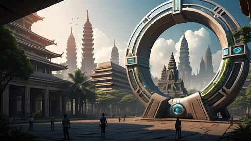 Prompt: magical portal between cities realms worlds kingdoms, circular portal, ring standing on edge, upright ring, freestanding ring, hieroglyphs on ring, complete ring, ancient cambodian architecture, gardens, hotels, office buildings, shopping malls, large wide-open city plaza, turned sideways view, futuristic cyberpunk tech-noir setting