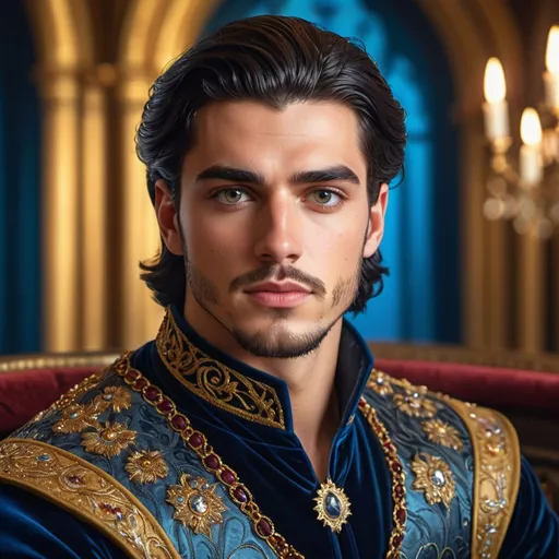 Prompt: 4k high res, ultra realistic image of a 25 year old, handsome, Spanish king emphasis on (clear detailed face and eyes) with black detailed hair, big detailed, (oval black eyes), an elaborate velvet medieval clothes,  he is sitting in a large ballroom  background Hyperrealistic, splash art, concept art, mid shot, intricately detailed, color depth, dramatic, 2/3 face angle, side light, colorful background