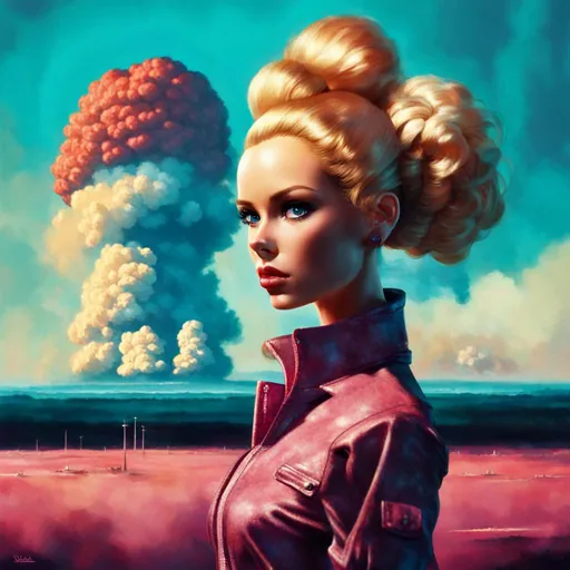 Prompt: Barbie standing in the foreground with nuclear explosion happening in the distance