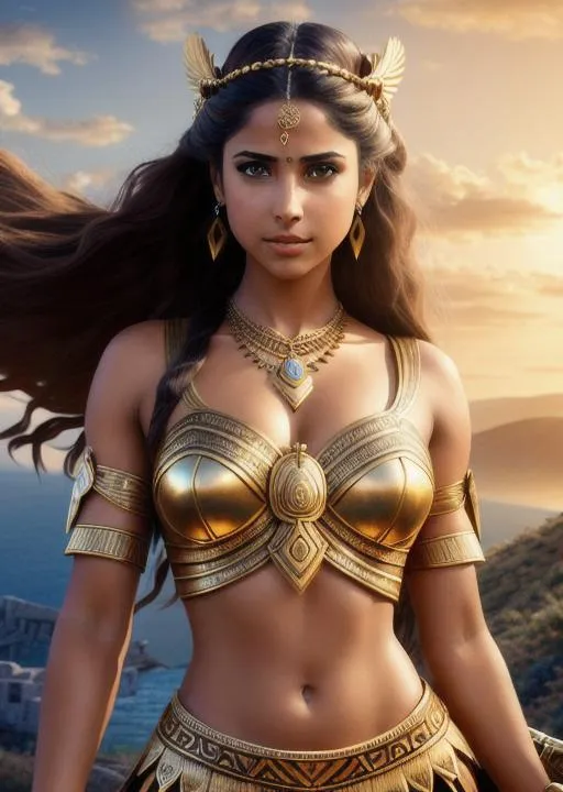 Prompt: Romantic art of Naomi Scott as tribal princess ,beautiful,pretty eyes, brown hair, wearing tribal war dress, classic,angry,holding magical sword above her head,Greece mythology,Greece civilization background,perfect composition,highly detailed,ultra-fine detailed,64k,UHD,XIX,dynamic,artstation,artistic,aesthetic,