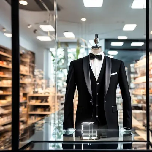 Prompt: black tuxedo on a stand, and a magic wand behind a glass case