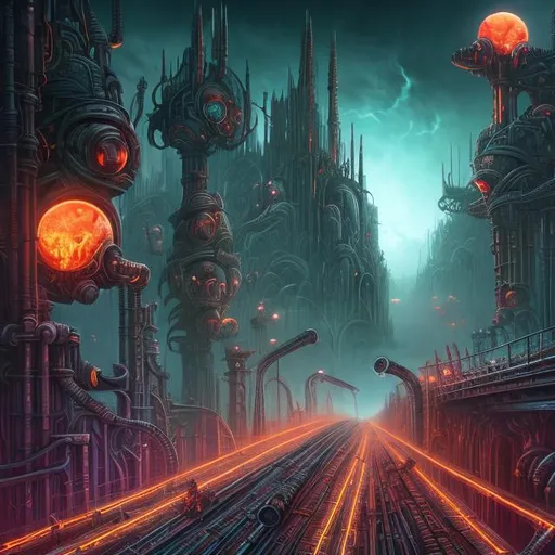 Prompt: Fantasy art style, painting, metal, chrome, bridges, metropolis, city, crowded city, overpopulation, pollution, Evil, dictatorship, green neon lights, neon lights, green lights, futuristic, biological mechanical, dystopian, pipes, tubes, cables, nuclear weapons, weapons, teeth, brutalist, fog, smog