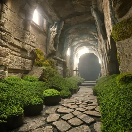 Prompt: A highly detailed 4K fantasy matte painting of deep dark dwarf mines perfect quare hallway of stone, photorealistic matte painting