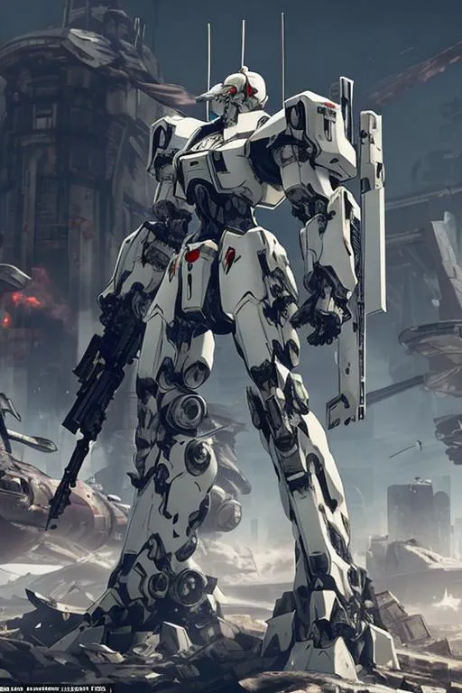 Prompt: A white mecha with sleek but complex armour design holding a rifle and floating weapons surrounding it with a ruined city as background