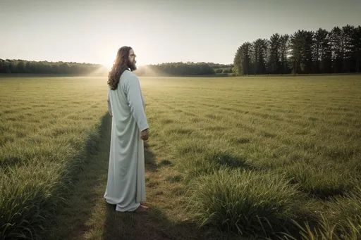 Prompt: Jesus standing up, green field, daytime, beautiful, high resolution, 4k, best detailed