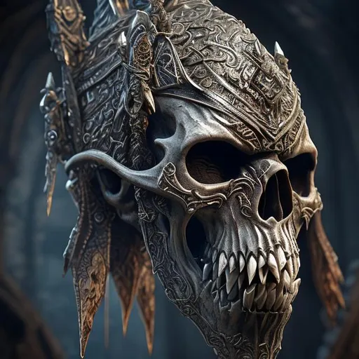 Prompt: etched snarling orc skull wearing ornate head gear impaled on a pike UHD