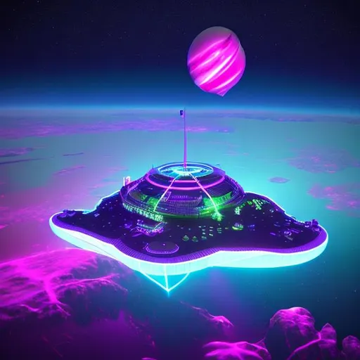 Prompt: lonley space island flying in orbit, neon lights, 3d randed, drone view 