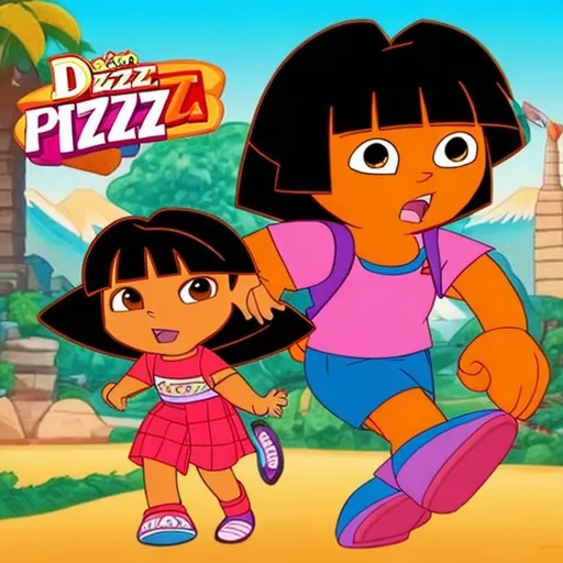 Prompt: Dora and Fuji fighting for chezzy Pizza cartoon charater