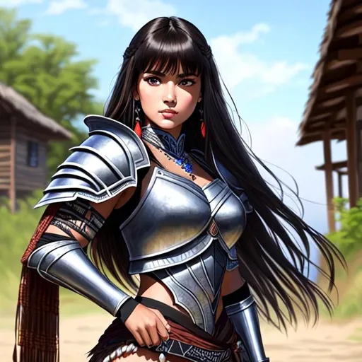 Prompt: Isabela Merced, 17 years old,  in outdoor villiage, wearing tribal cueitl armor, parted bangs, black hair with highlights, brown eyes, ethereal, jewelry set balayage wild hair, royal vibe, highly detailed, digital painting, Trending on artstation ,tan skin, HD quality, Big Eyes,artgerm, by Ilya Kuvshinov 