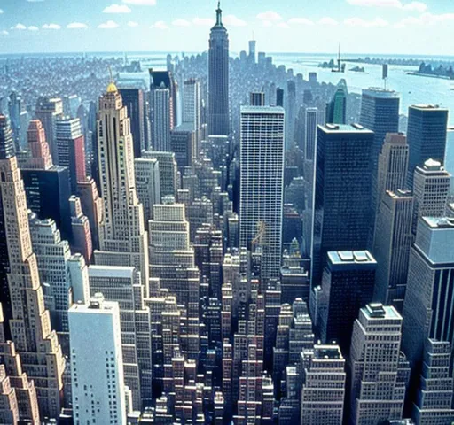 Prompt: dvd screengrab, 1990s movie, new york, skyline, skyscraper