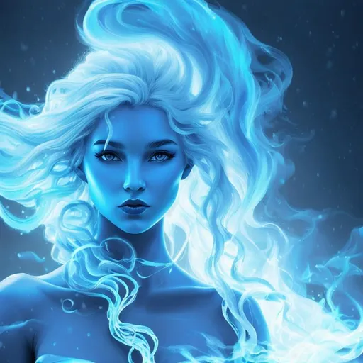 Prompt: ice elemental as a young girl, her hair is Freeform smoke which flows  and swirls about her, beautiful dark chaos, swirling tones of black, cobalt and deep purple, she stands in a blue mist, snow falls all around her --ar 3:4 --iw 9 --q 2 --s 1250

