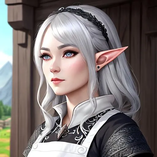 Prompt: half body portrait, male, pointed ears, drow elf, gray ears, ((gray skin:0.6)), detailed face, detailed eyes, full eyelashes, ultra detailed accessories, detailed village, village worker, background, simple apron, short  messy hair, dnd, artwork, fantasy ,inspired by D&D, concept art, ((looking away from viewer)), ((muted colors)), ((faded colors)), art inspired by Agnes Cecile