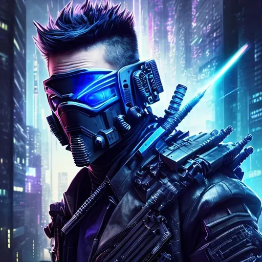 Prompt: cyber punk ninja , laser sword, black blue and purple , Ultra HD , hyper realistic, showing gun , laser eyes hyper realistic, ultra detailed photograph of 24 years old man , perfect shape , military mask, black mohawk hair , full body, work out body, depth of field, futuristic glasses ,hall of fame, detailed gorgeous face, professional photographer, captured with professional DSLR camera, trending on Artstation, 64k, ultra detailed, ultra accurate detailed, bokeh lighting, surrealism, urban, ultra real life engine, riding big motor bike