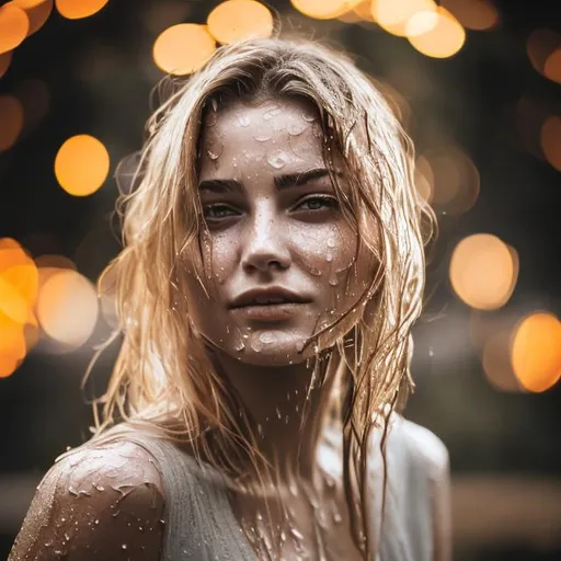 Prompt: womans face with wet hair in portrait and bokeh