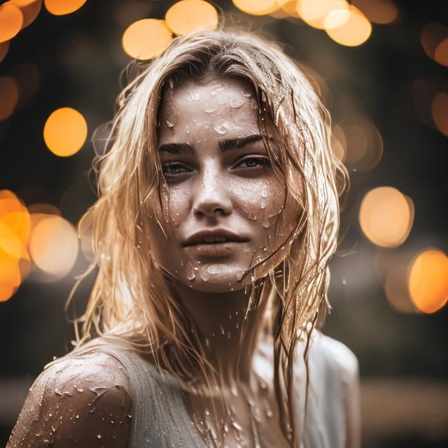 womans face with wet hair in portrait and bokeh