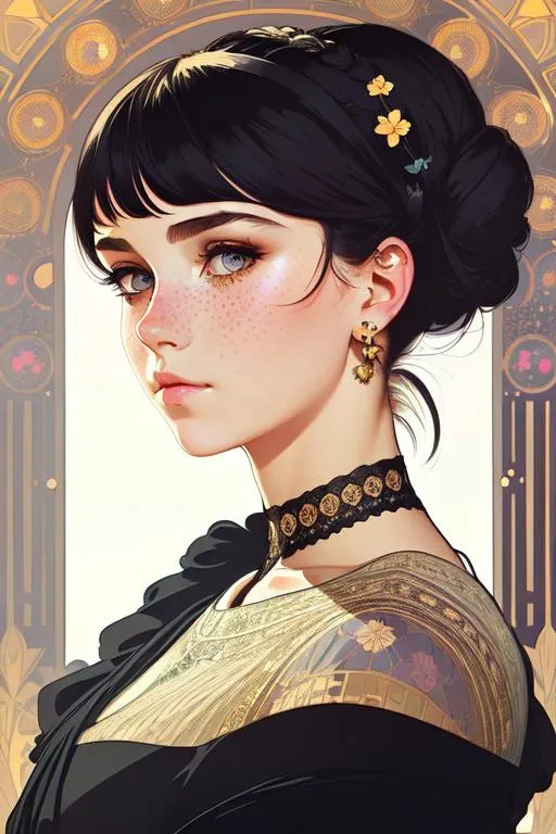 Prompt: Upper body portrait of Cute girl with freckles, high bun, black dress, intricate, detailed face. by Ilya Kuvshinov and Alphonse Mucha. Dreamy, pastel colors, honey