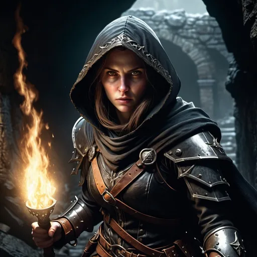 Prompt: Warhammer fantasy RPG style thief woman in hood, detailed facial features,  dark cave setting, dark and gritty atmosphere, dark night, intricate leather armor, mysterious expression, intense eyes, holding dim torch casting dramatic shadows, high quality, realistic, dark fantasy, medieval, detailed eyes, intricate design, dramatic lighting, running pose