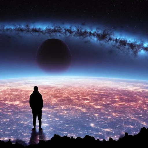 Prompt: a single person silhouetted against the infinite cosmos, depressing